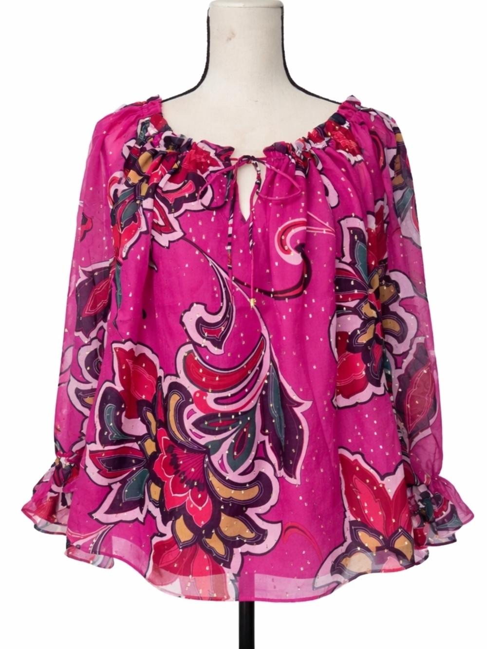 Trina Turk Bright Fuchsia Floral Silk Off-Shoulder Blouse - Picture 2 of 6